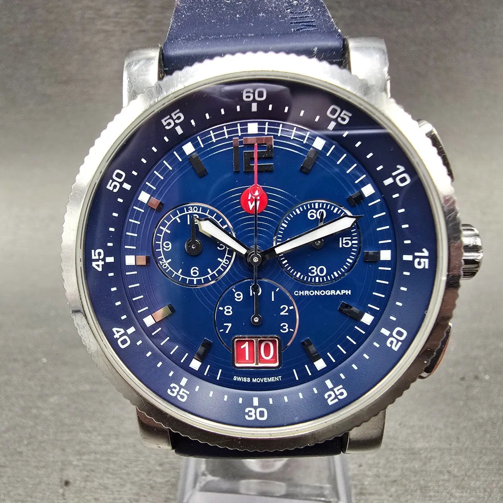Michele Sport Sail Chronograph Watch Men 42mm Blue Dial Steel Date New Battery0