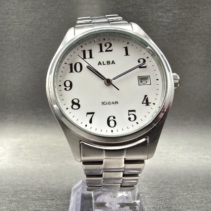 Seiko Alba Watch Men 36mm White Dial Silver Tone Date Round VJ42-KDG0 New Batt5