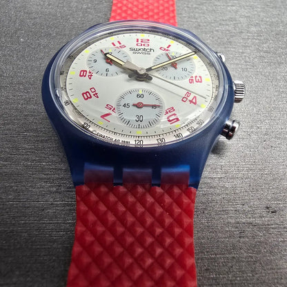Swatch Chrono JFK Watch Men 37mm White Dial Blue Case SCN103 New Battery NOS6