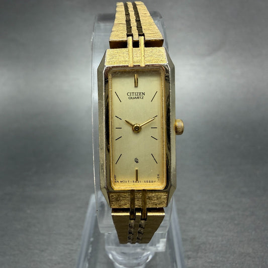 Citizen CQ Tank Watch Women 13mm Champagne Dial Gold Tone Rectangle New BatteryP0