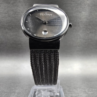 Skagen Watch Women 26mm Gray Dial Black Date Round 355SMM New Battery Mesh Band5