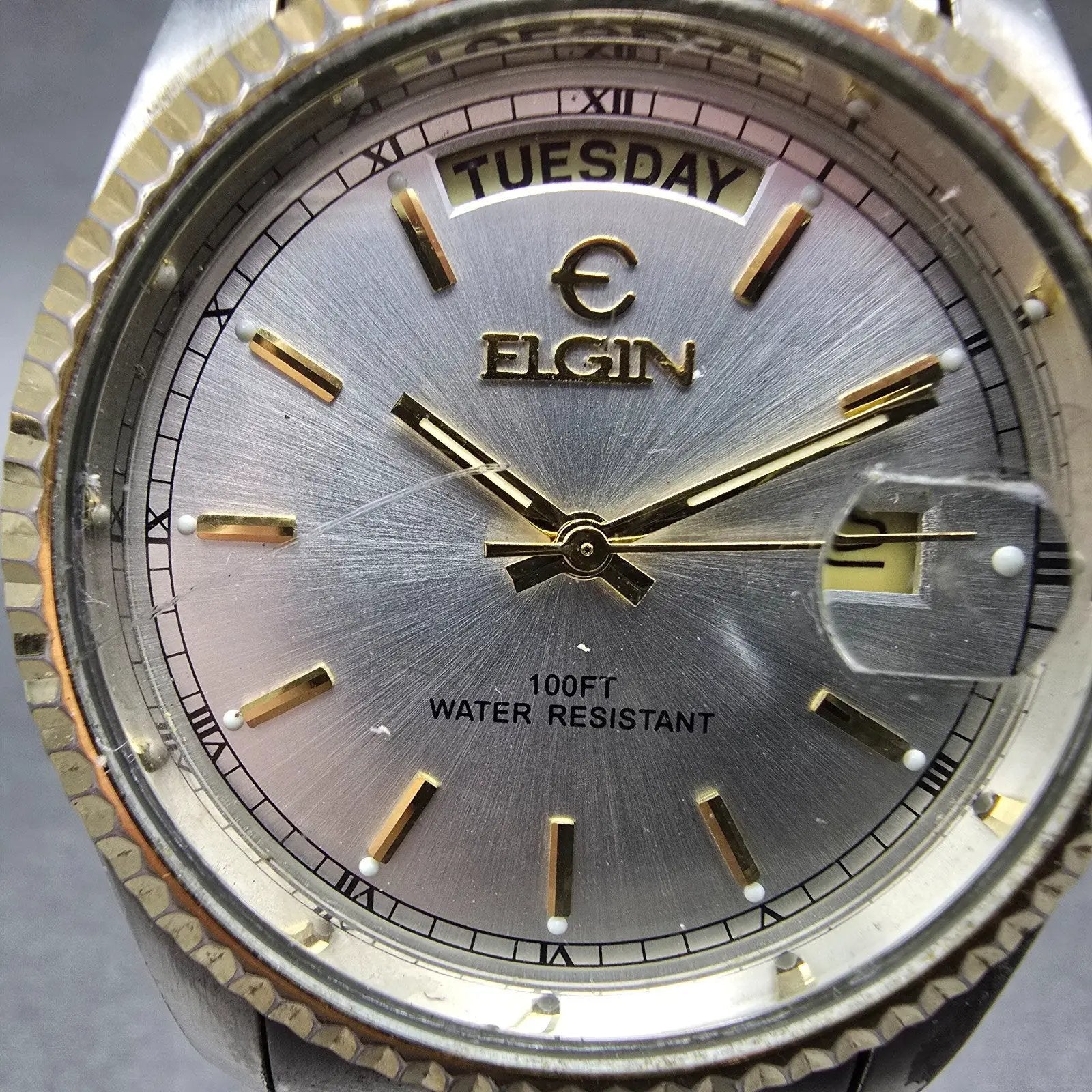 Elgin President Watch Men 38mm Silver Dial Two Tone Daydate Round New Battery1