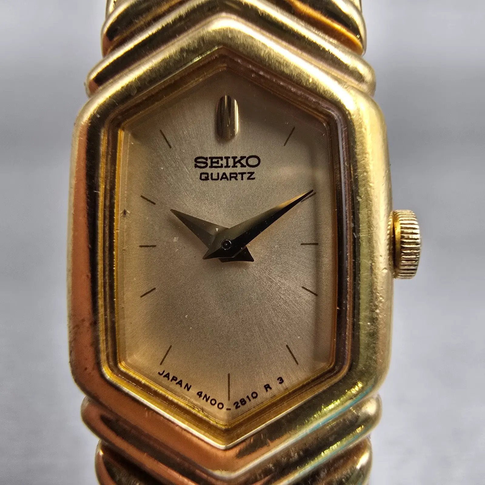 Seiko Watch Women 15mm Champagne Dial Gold Tone Rectangle 4N00-5939 New Battery1