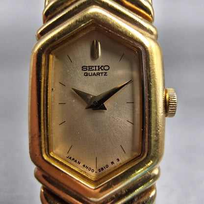 Seiko Watch Women 15mm Champagne Dial Gold Tone Rectangle 4N00-5939 New Battery1