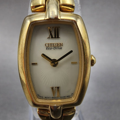 Citizen EcoDrive Watch Women 17mm Cream Dial Gold Tone Rectangle Runs1
