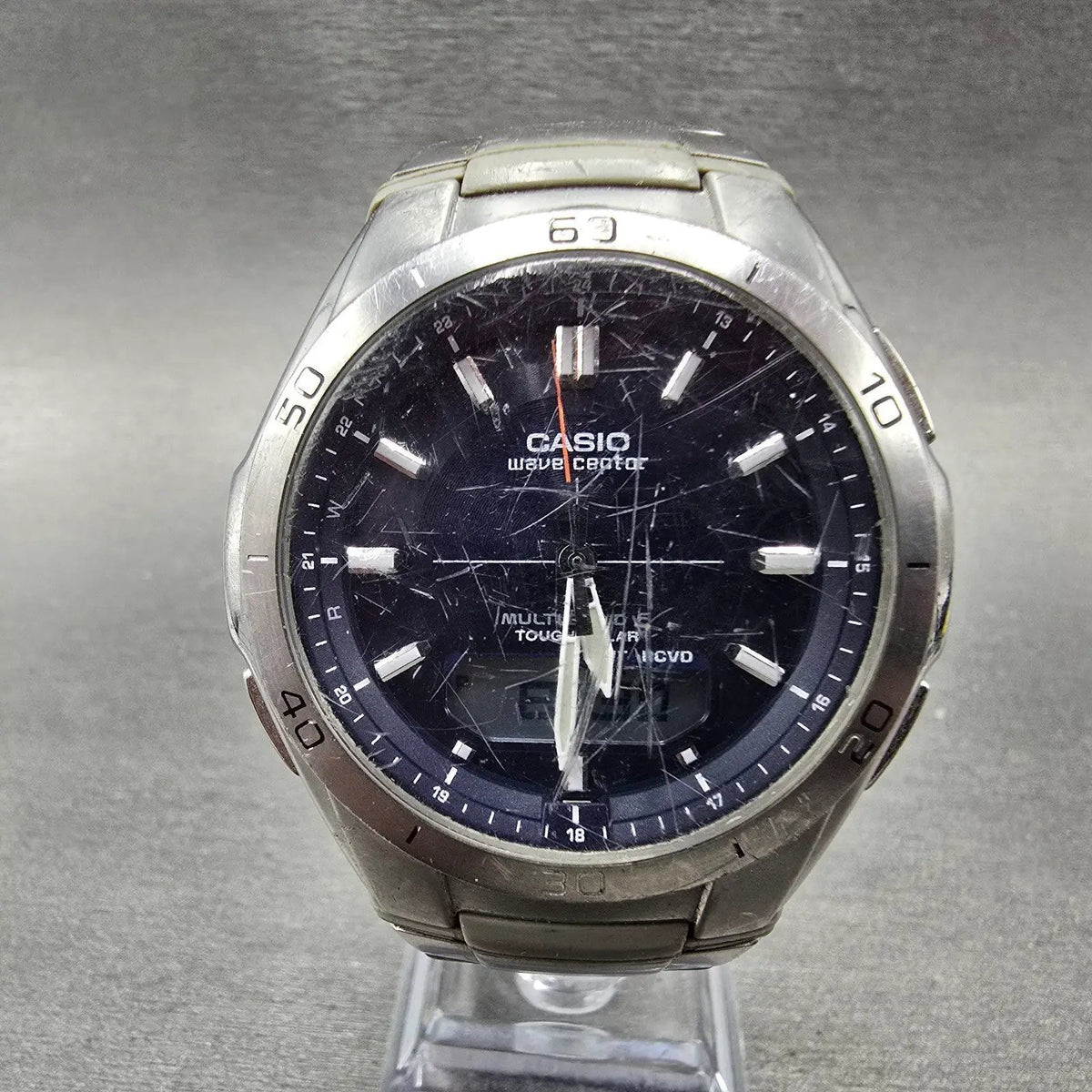 Casio Wave Ceptor Watch Men 43mm Blue Dial Silver Solar Alarm Daydate Runs LP0