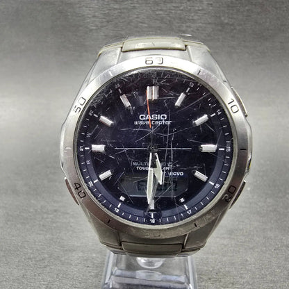 Casio Wave Ceptor Watch Men 43mm Blue Dial Silver Solar Alarm Daydate Runs LP0