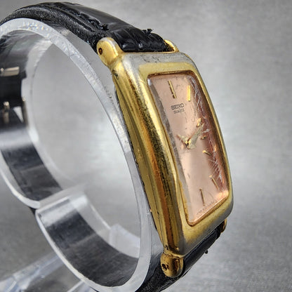 VTG Seiko Tank Watch Women 17mm Pink Dial Gold Tone Rectangle 1N00-5C99 New Batt