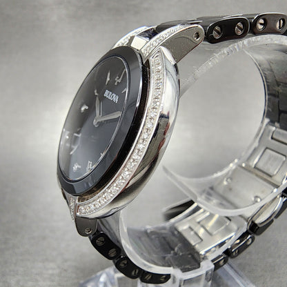 Bulova Rubaiyat Watch Women 35mm Black Dial Black Ceramic Diamond Bezel 98R266 B