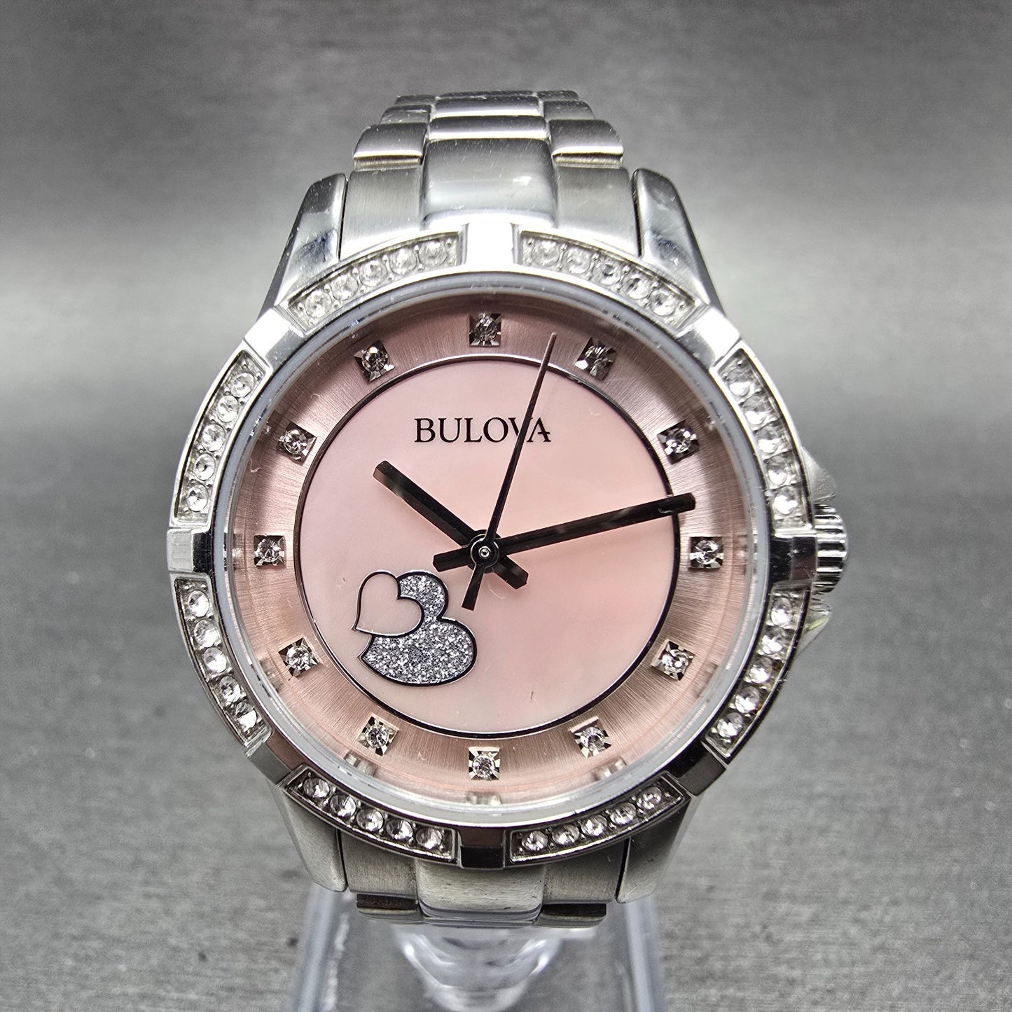 Bulova Heart Watch Women 30mm MOP Dial Silver Tone Round 96L237 New Battery0