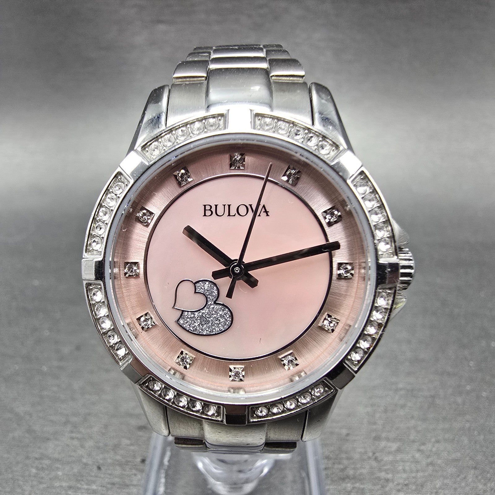 Bulova Heart Watch Women 30mm MOP Dial Silver Tone Round 96L237 New Battery0