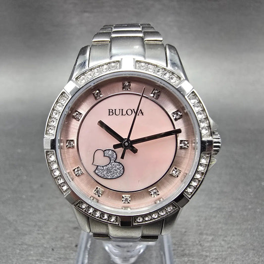 Bulova Heart Watch Women 30mm MOP Dial Silver Tone Round 96L237 New Battery0