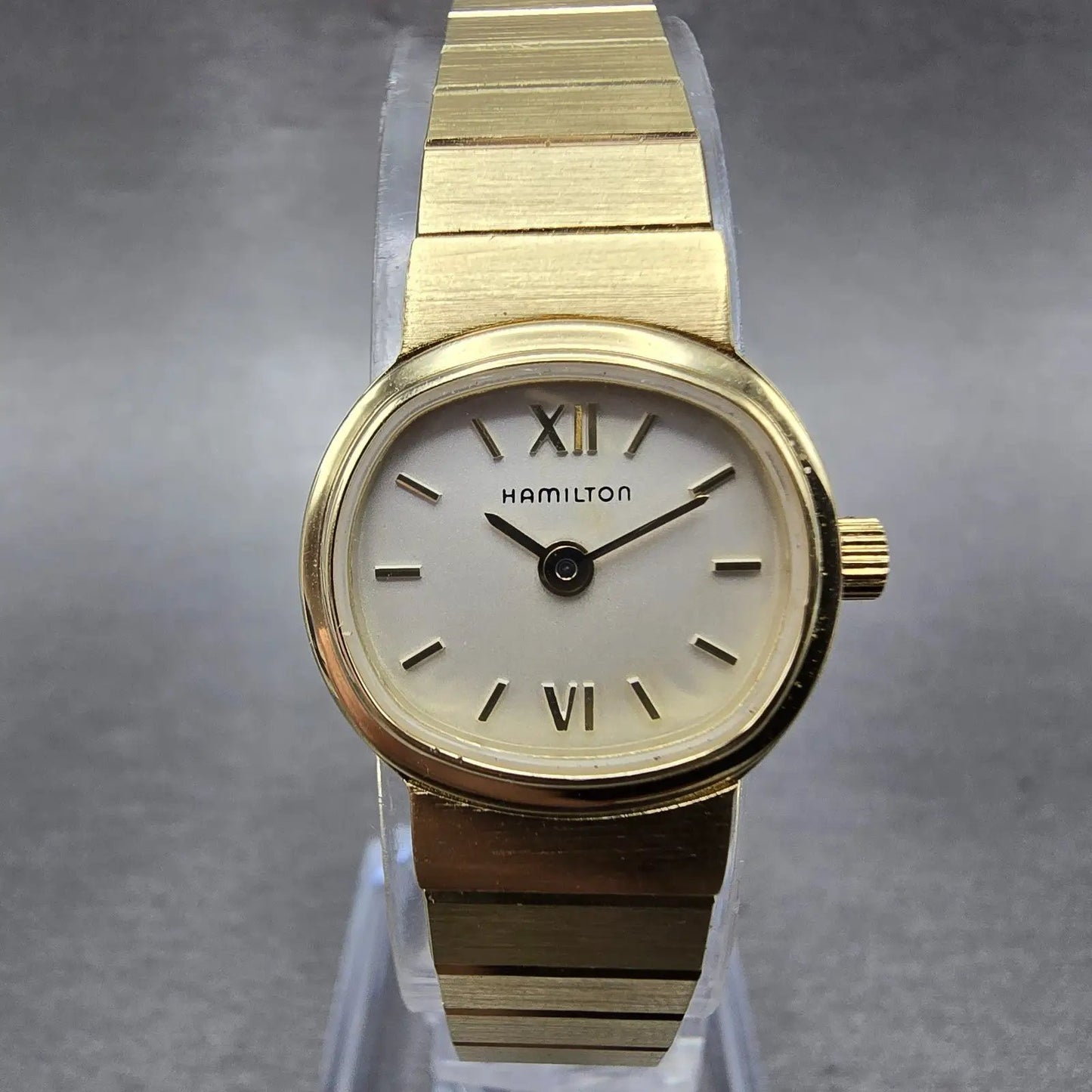 Hamilton Watch Women 19mm Champange Dial Gold Tone Oval New Battery Vintage 86460