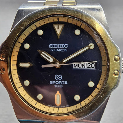 Seiko Sports 100 Watch Men 38mm Black Dial Two Tone Daydate 8229-7019 New Batt1