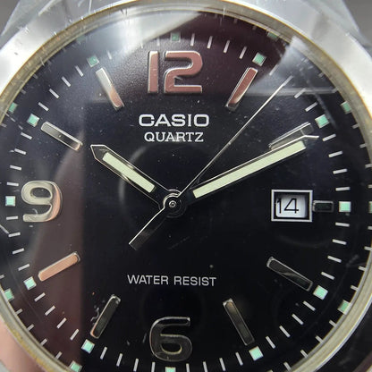 Casio Watch Men 37mm Black Dial Silver Tone Date Round MTP-1215 New Battery1