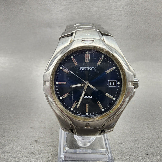 Seiko Watch Men 38mm Blue Dial Silver Tone Date Round 7N427C00 New Bat PARTS!!!0