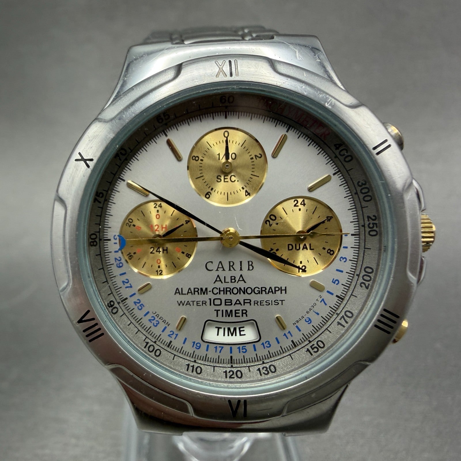 Seiko ALBA Carib Watch Men 36mm Silver Dial Steel Alarm Chrono N944-6A30 NewBatA0