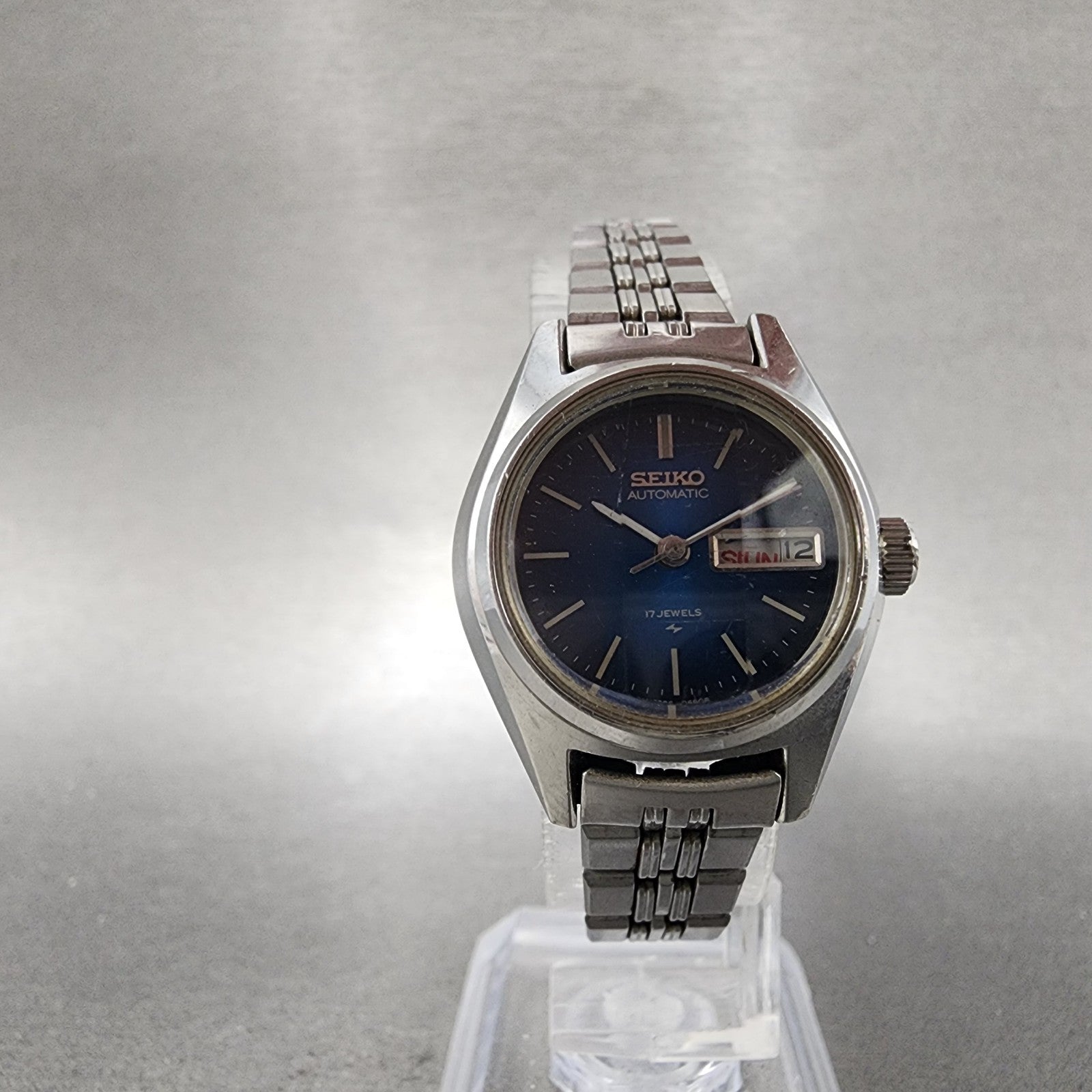 Seiko Automatic Watch Women 24mm Blue Dial Silver Tone Daydate READ!!!!!!!! Runs5