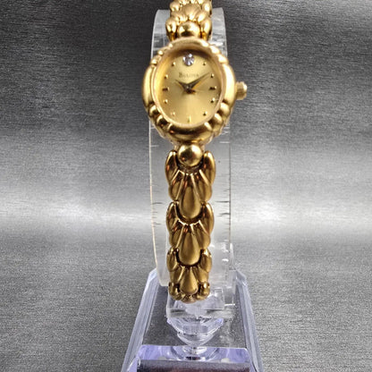 Bulova Watch Women 17mm Gold Dial Gold Diamond Oval 97P68 New Battery JP5