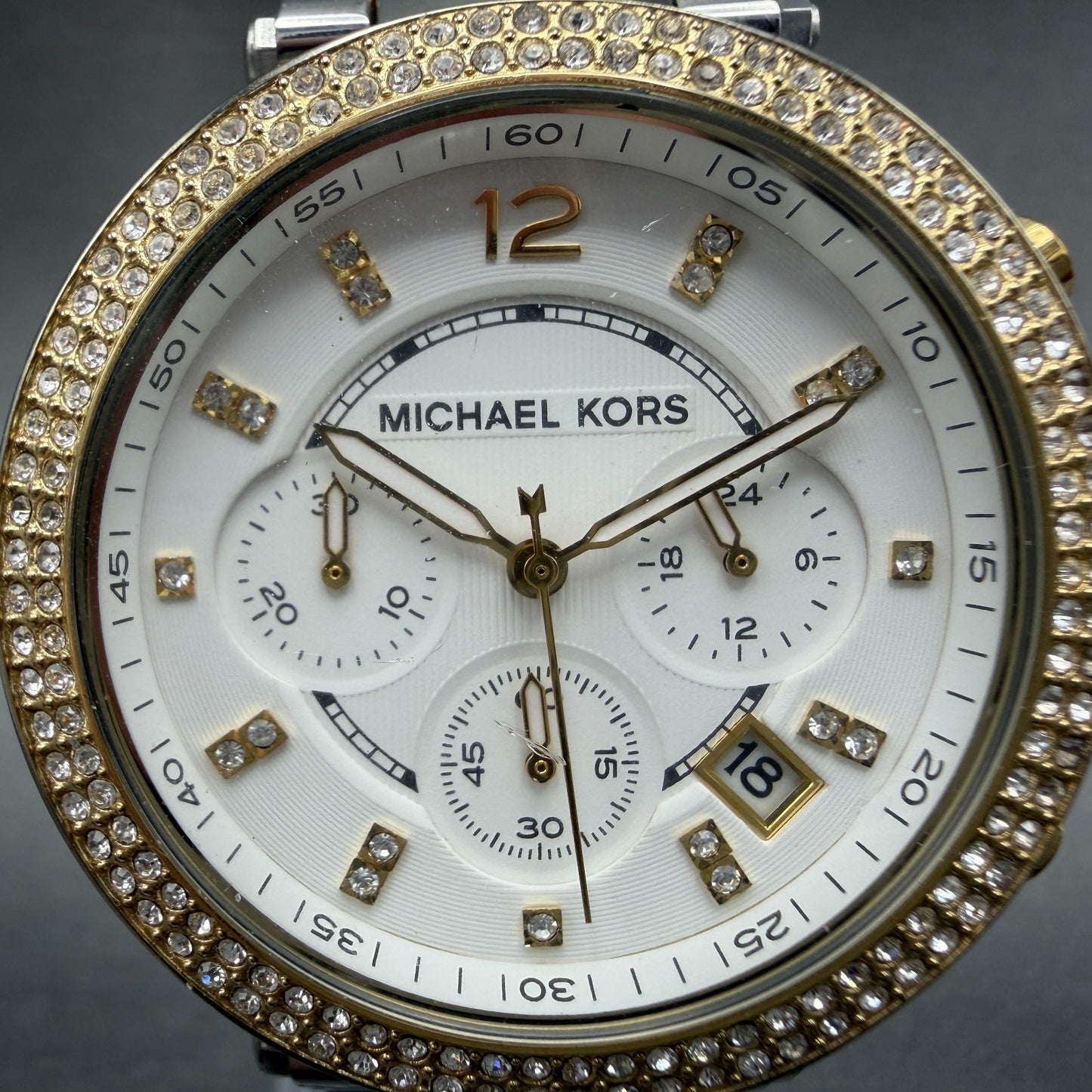 Michael Kors Parker Chronograph Watch Women 39mmWhite Dial Two Tone Date NewBatt1