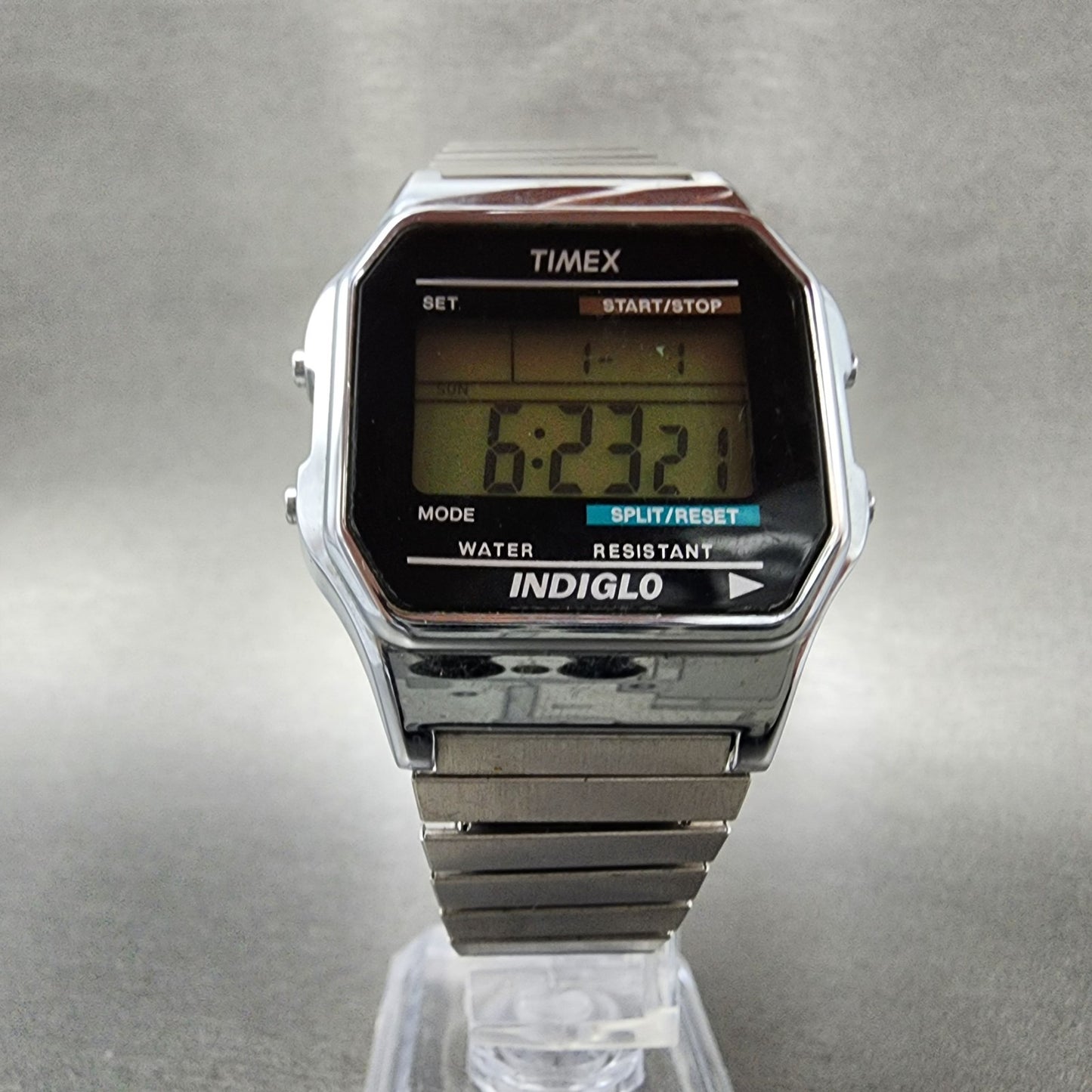 Timex Indiglo Digital Watch Men 36mm Digital Silver Tone Alarm Chrono New Batt