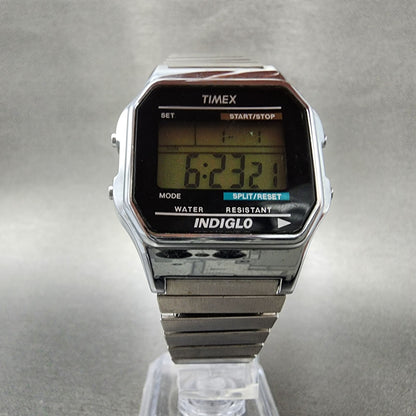 Timex Indiglo Digital Watch Men 36mm Digital Silver Tone Alarm Chrono New Batt