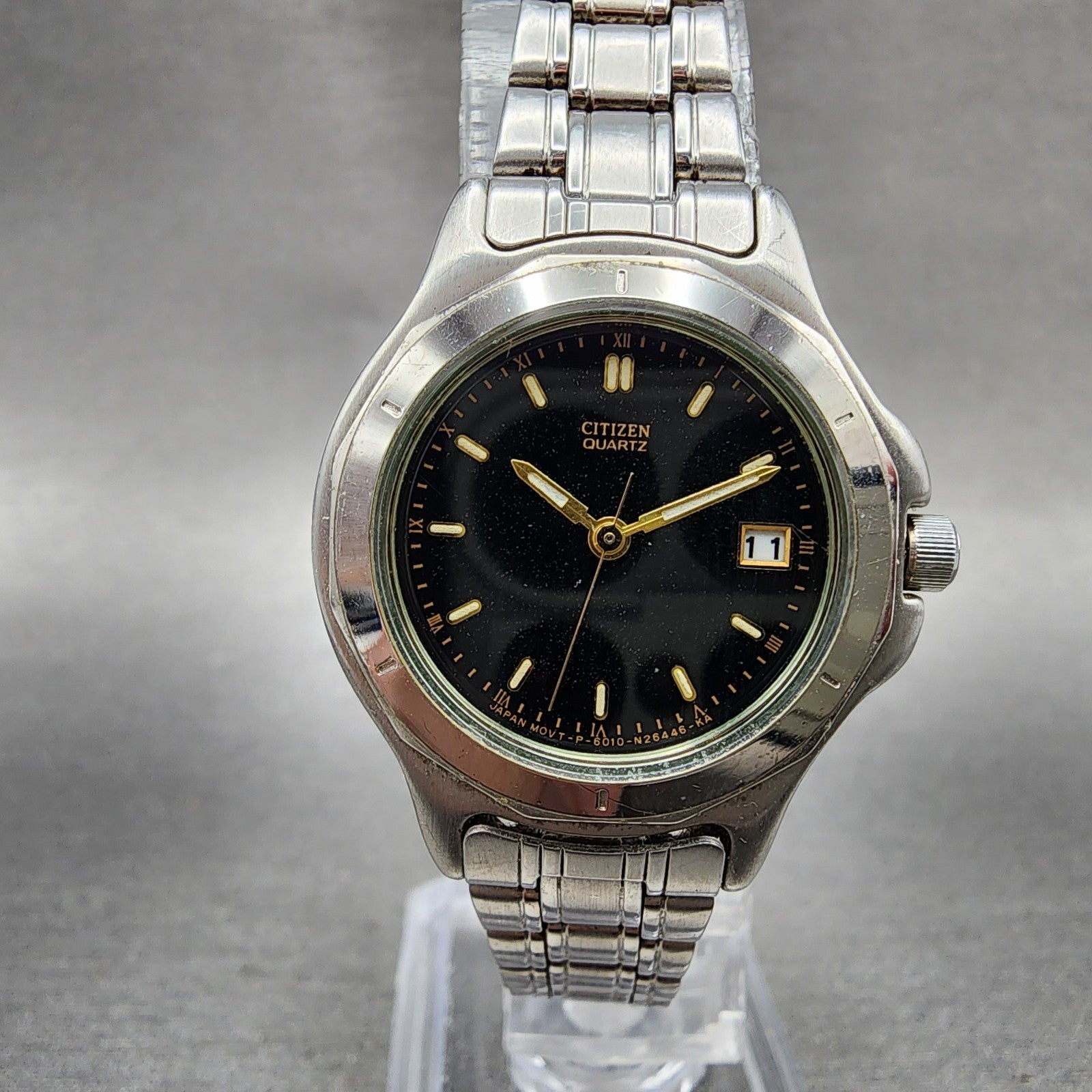 Citizen Watch Women 27mm Black Dial Silver Tone Date 6010S41983 New Battery0