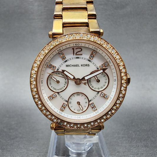 Michael Kors Parker Watch Women 33mm MOP Dial Rose Gold Tone Daydate New Battery0