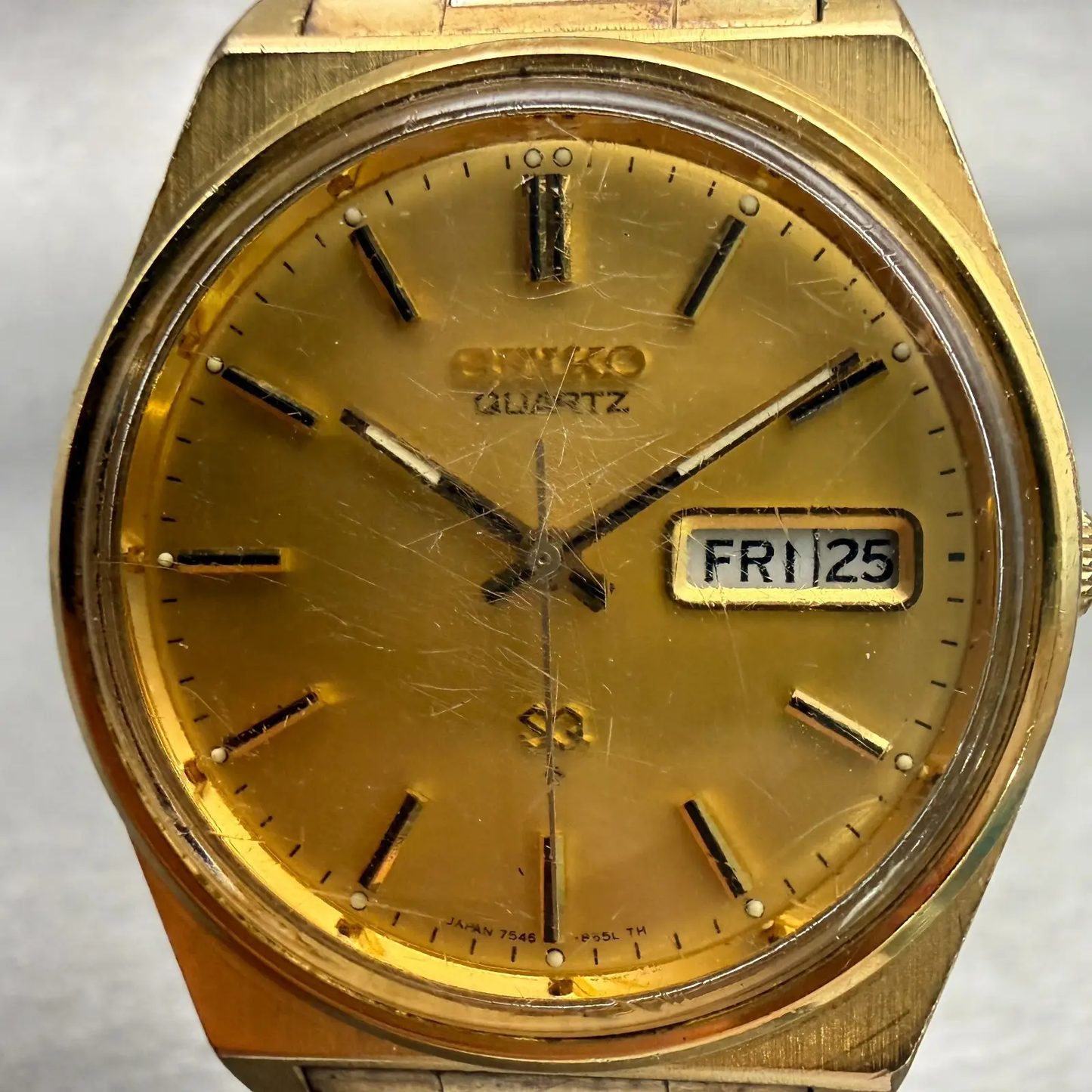 Seiko SQ Watch Men 35mm Gold Dial Gold Tone Daydate Round 7546-8440 New Battery1