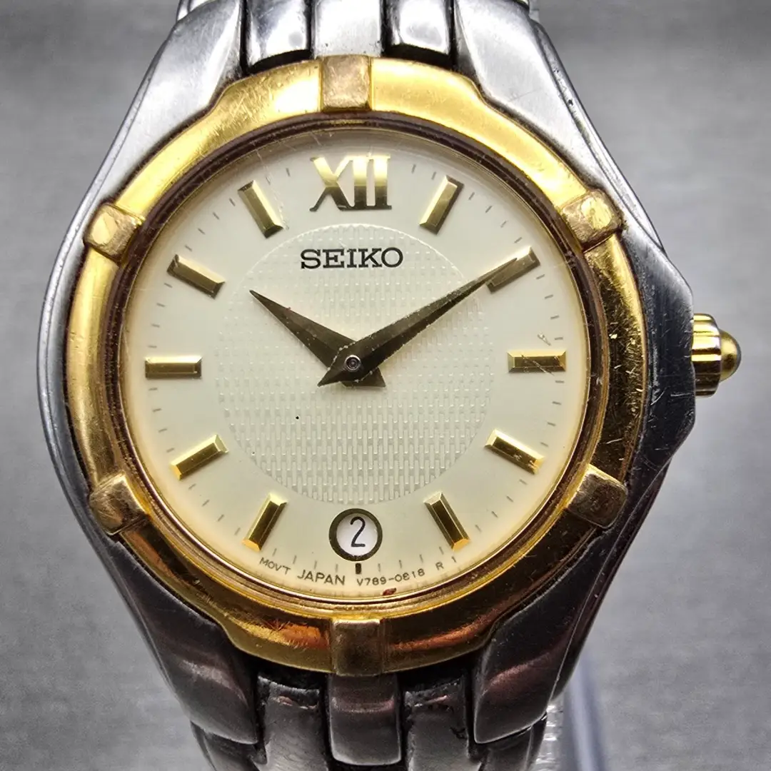 Seiko Watch Women 26mm Ivory Dial Two Tone Date Round V789-0369 New Battery1
