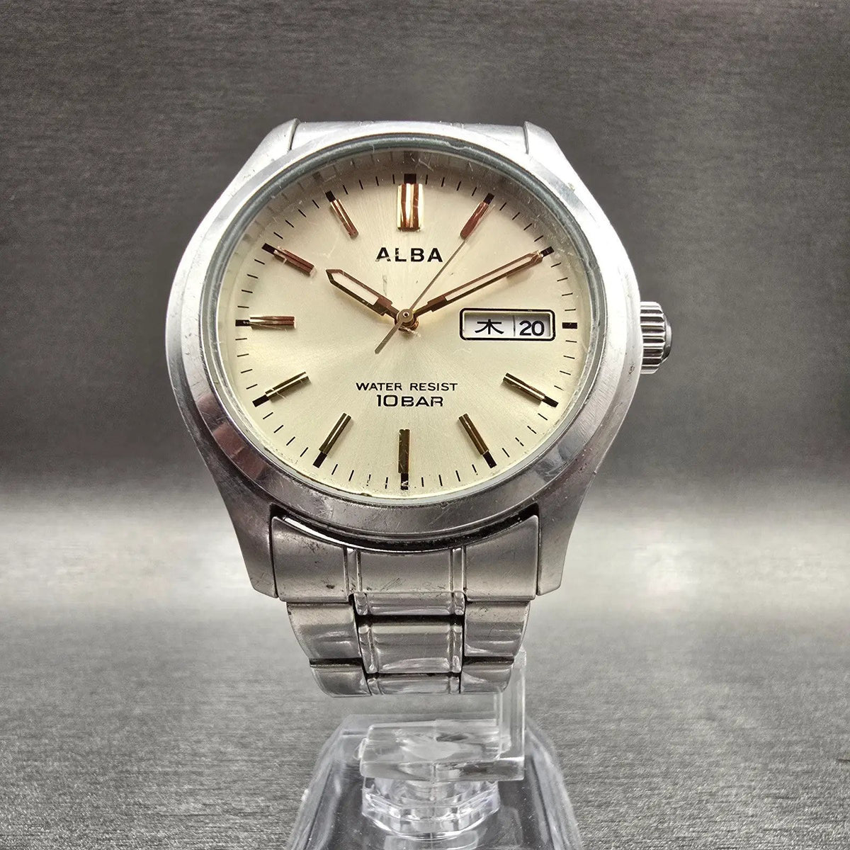 Seiko Alba Watch Men 38mm Champagne Dial Silver Tone Daydate 7N43-0BA0 New Batt5