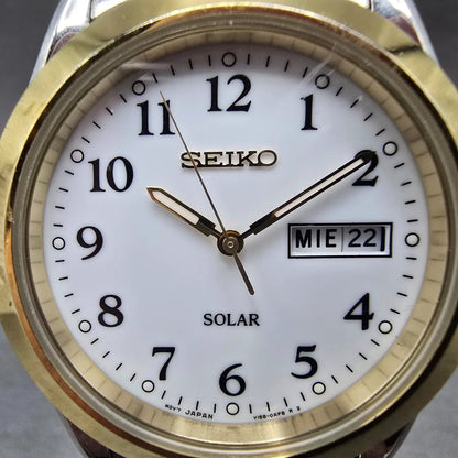Seiko Solar Watch Men 37mm White Dial Two Tone Daydate Round V158-0AB0 Runs JP731