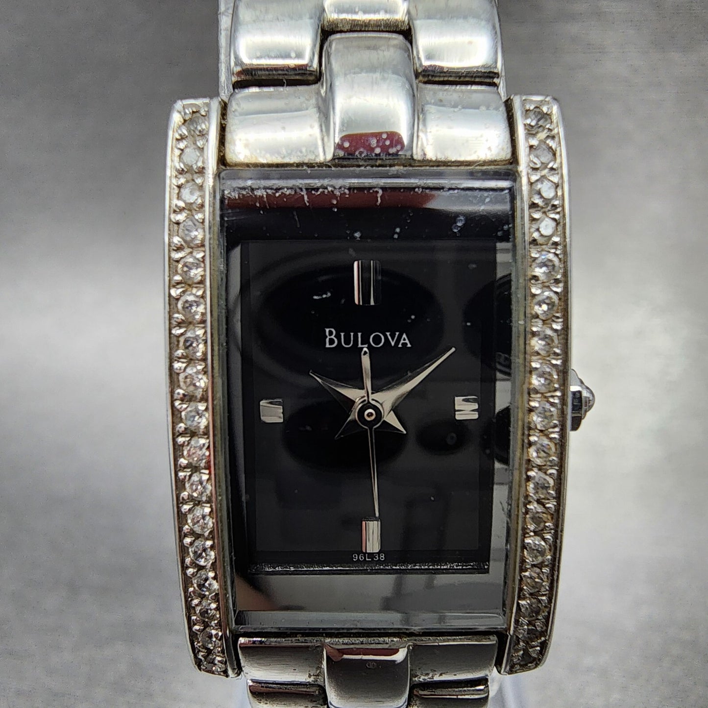 Bulova Tank Watch Women 18mm Black Dial Steel Crystals Rectangle New Battery1