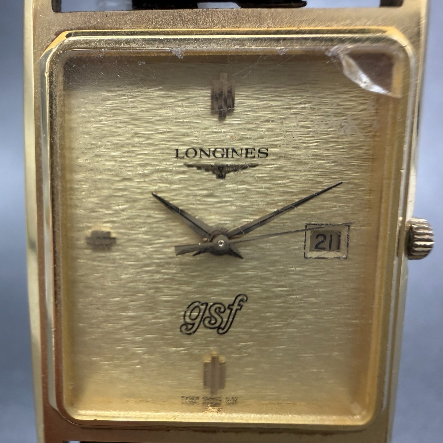 Longines Tank Watch Men 26mm Gold Dial Gold Tone Date Rectangle New Battery1