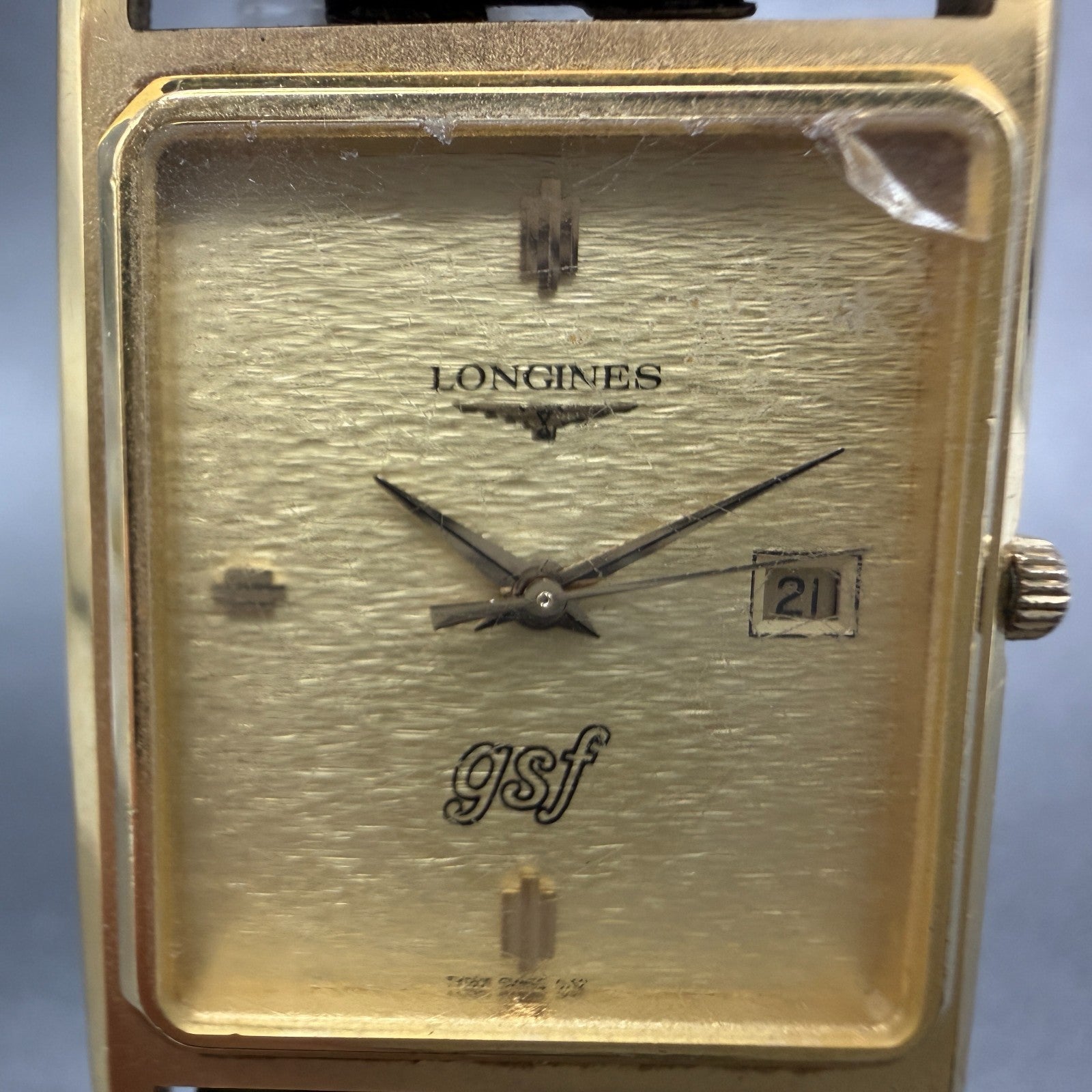 Longines Tank Watch Men 26mm Gold Dial Gold Tone Date Rectangle New Battery1
