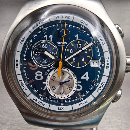 Swatch Irony THE CHRONO Watch Men Blue Dial Silver Tone Date YOS410 New Battery1
