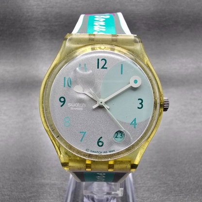 Swatch Rägetropfe Mens Watch 34mm Silver Dial Clear Case GG405 New Battery VTG0