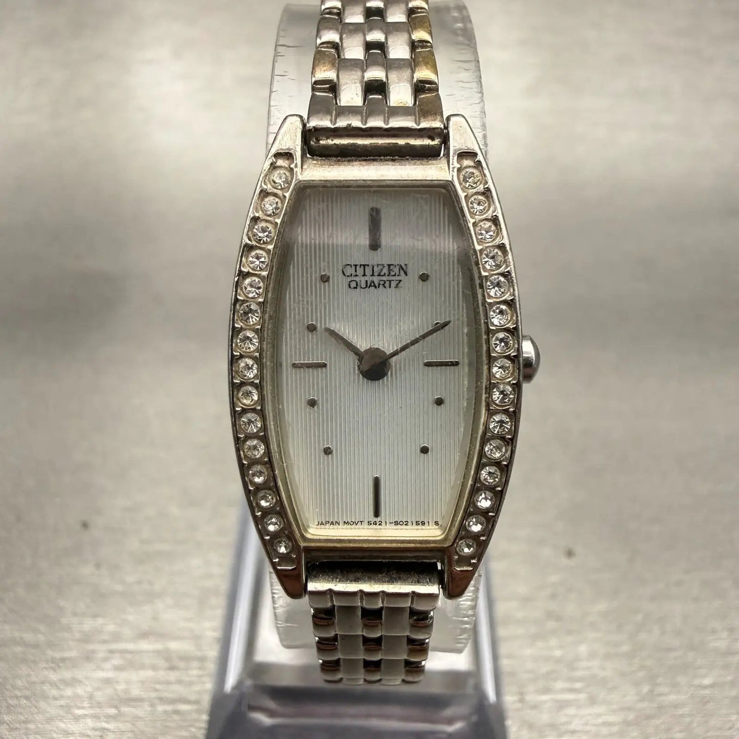 Citizen Watch Women 16mm Silver Dial Silver Gemmed Rectangle New Battery VTG0