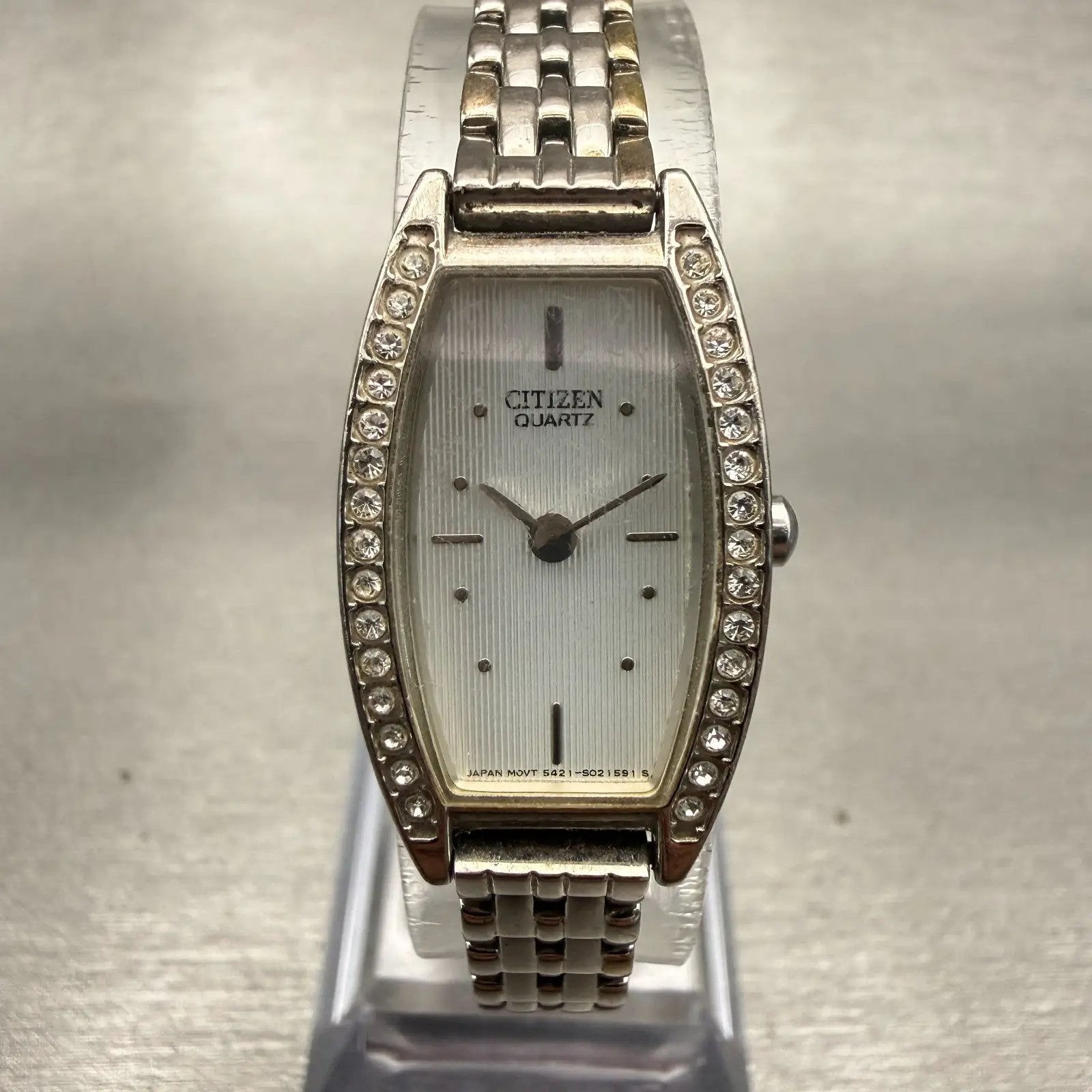 Citizen Watch Women 16mm Silver Dial Silver Gemmed Rectangle New Battery VTG0