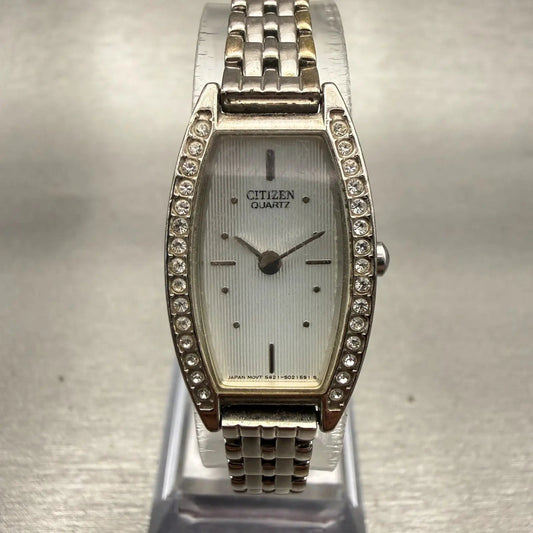 Citizen Watch Women 16mm Silver Dial Silver Gemmed Rectangle New Battery VTG0