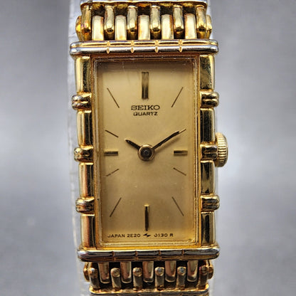 Seiko Tank Watch Women 12mm Champagne Dial Gold Tone 2e205079 New Battery1
