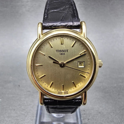 Tissot Carson Watch Women 27mm Gold Dia 18K Gold Case Date T71.3.129.21 New Batt0