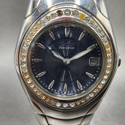 Citizen EcoDrive Watch Women 26mm Blue Dial Silver Tone Date Crystal Bezel Runs1
