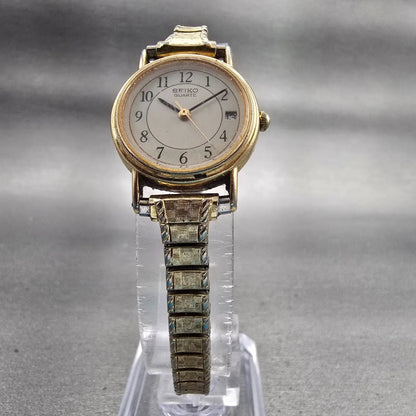 Seiko Watch Women 21mm Cream Dial Gold Tone Date Round 3E22-0069 New Battery VTG5