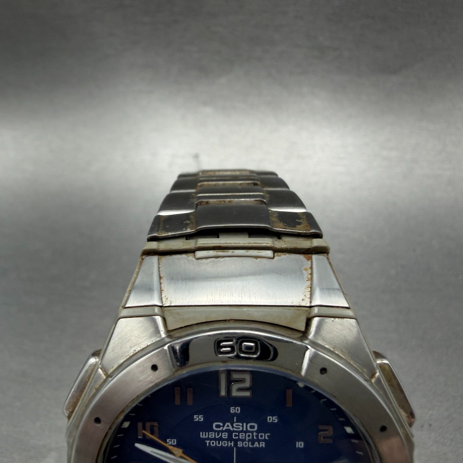 Casio Wave Ceptor Solar Watch Men 42mm Blue Dial Analog Digital Steel Runs4
