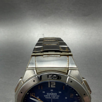 Casio Wave Ceptor Solar Watch Men 42mm Blue Dial Analog Digital Steel Runs4