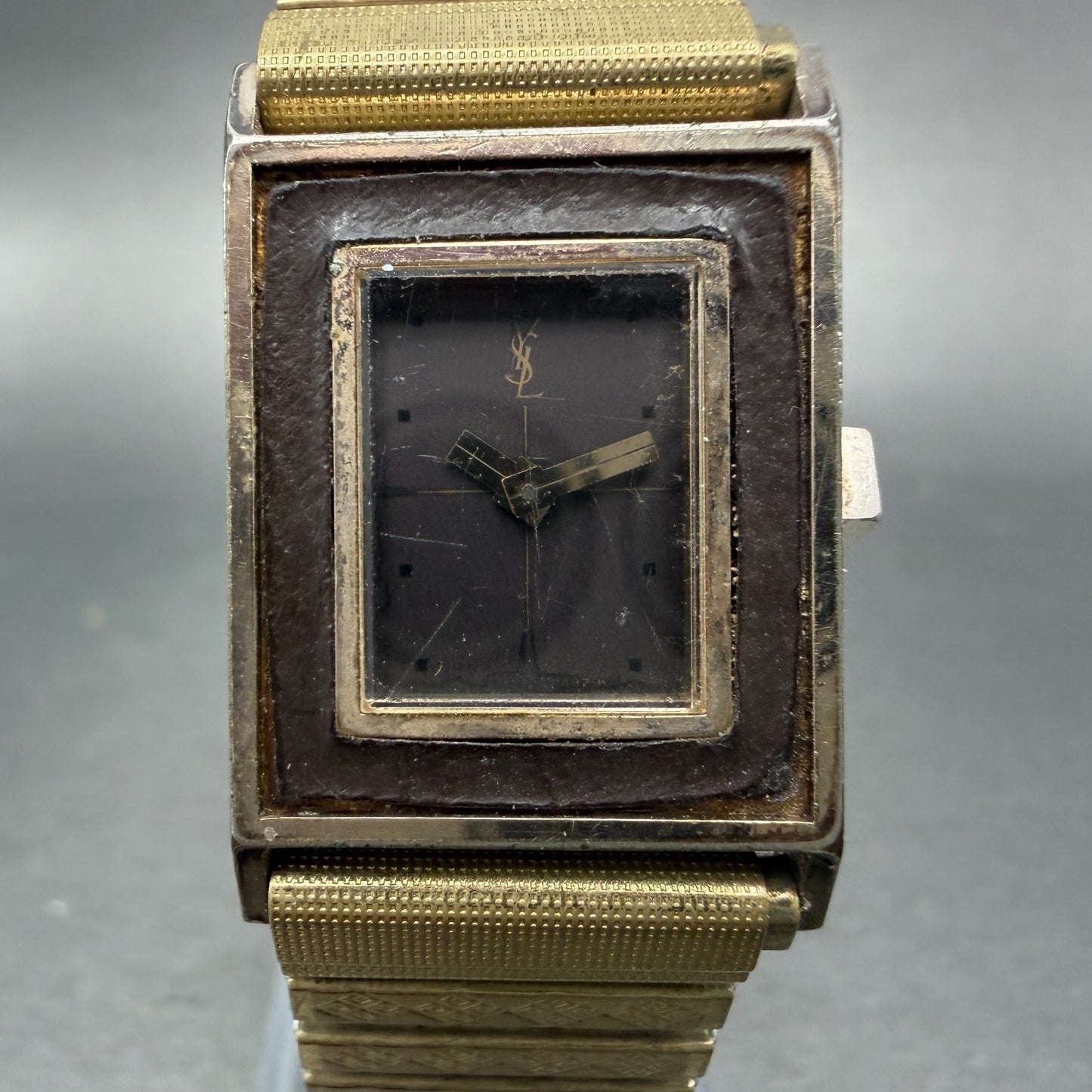 Yves Saint Laurent Tank Watch Women 21mm Brown Dial Gold Tone Rectangle PARTS0