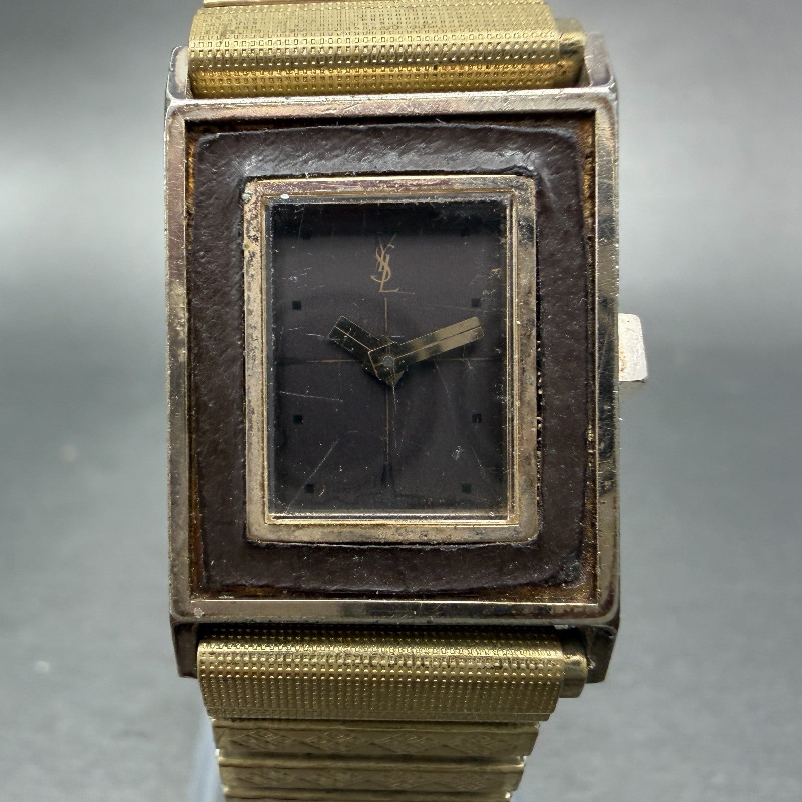 Yves Saint Laurent Tank Watch Women 21mm Brown Dial Gold Tone Rectangle PARTS0