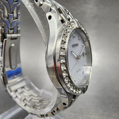 Seiko Solar Watch Women 27mm MOP Dial Steel Date Round Crystal Bezel Runs3