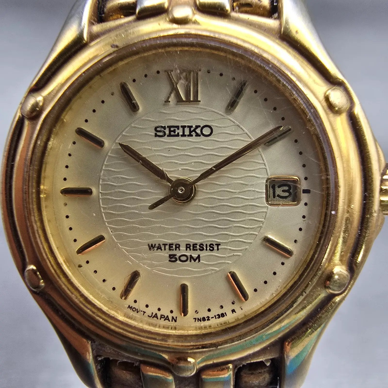 Seiko Watch Women 26mm Champagne Dial Two Tone Date Round 7N82-0599 New Battery1